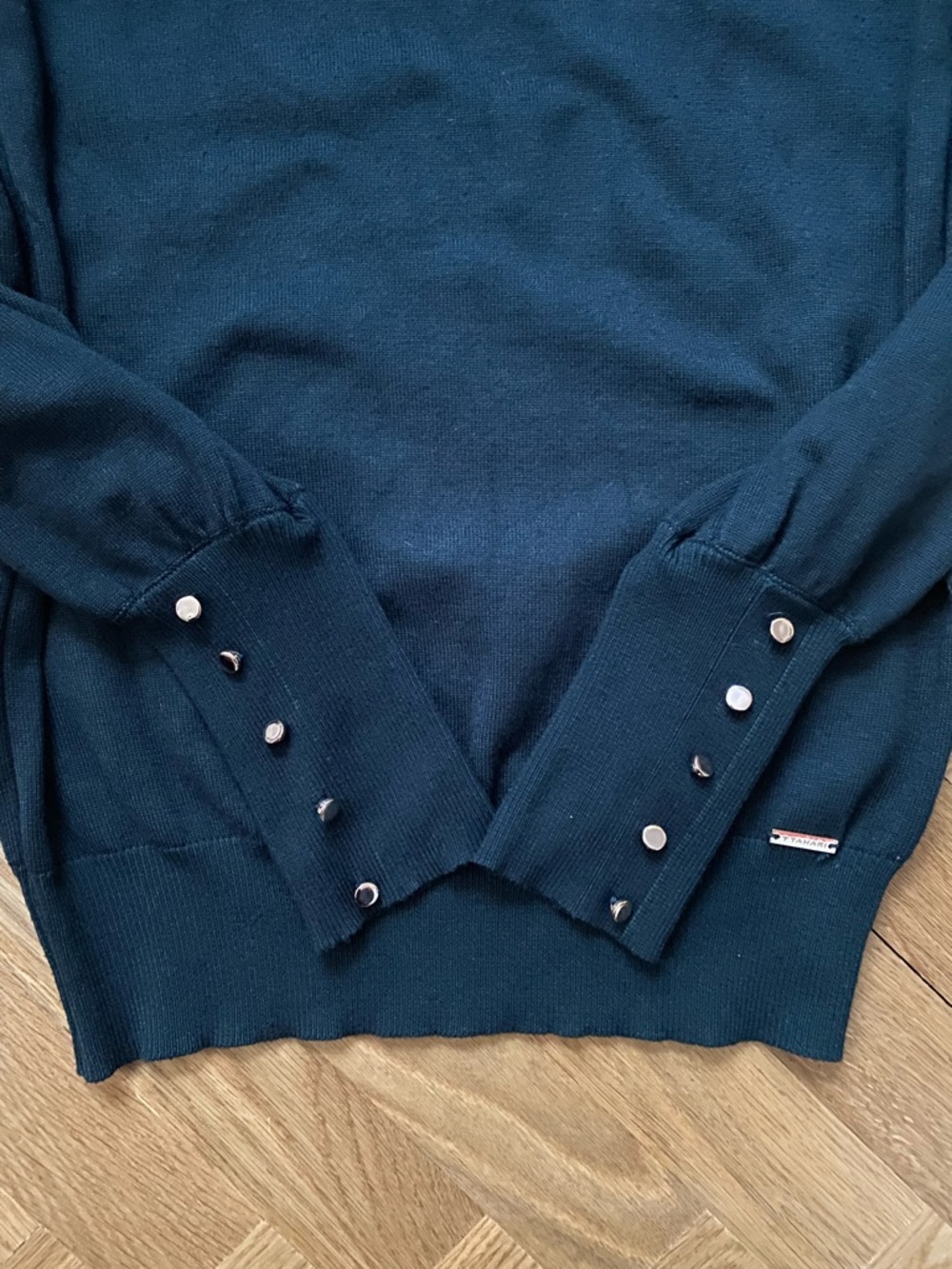 T Tahari Teal sweater with silver button details - Picture 4 of 6